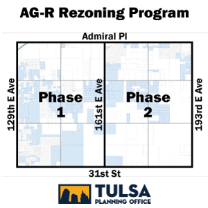 Map showing eligible areas within phases one and two of the City of Tulsa's voluntary AG-R rezoning program