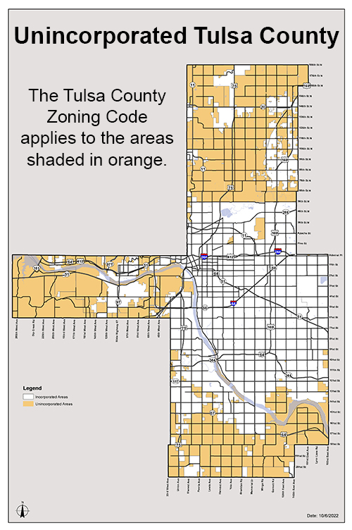 Map showing unincorporated areas of Tulsa County, where the county zoning code applies
