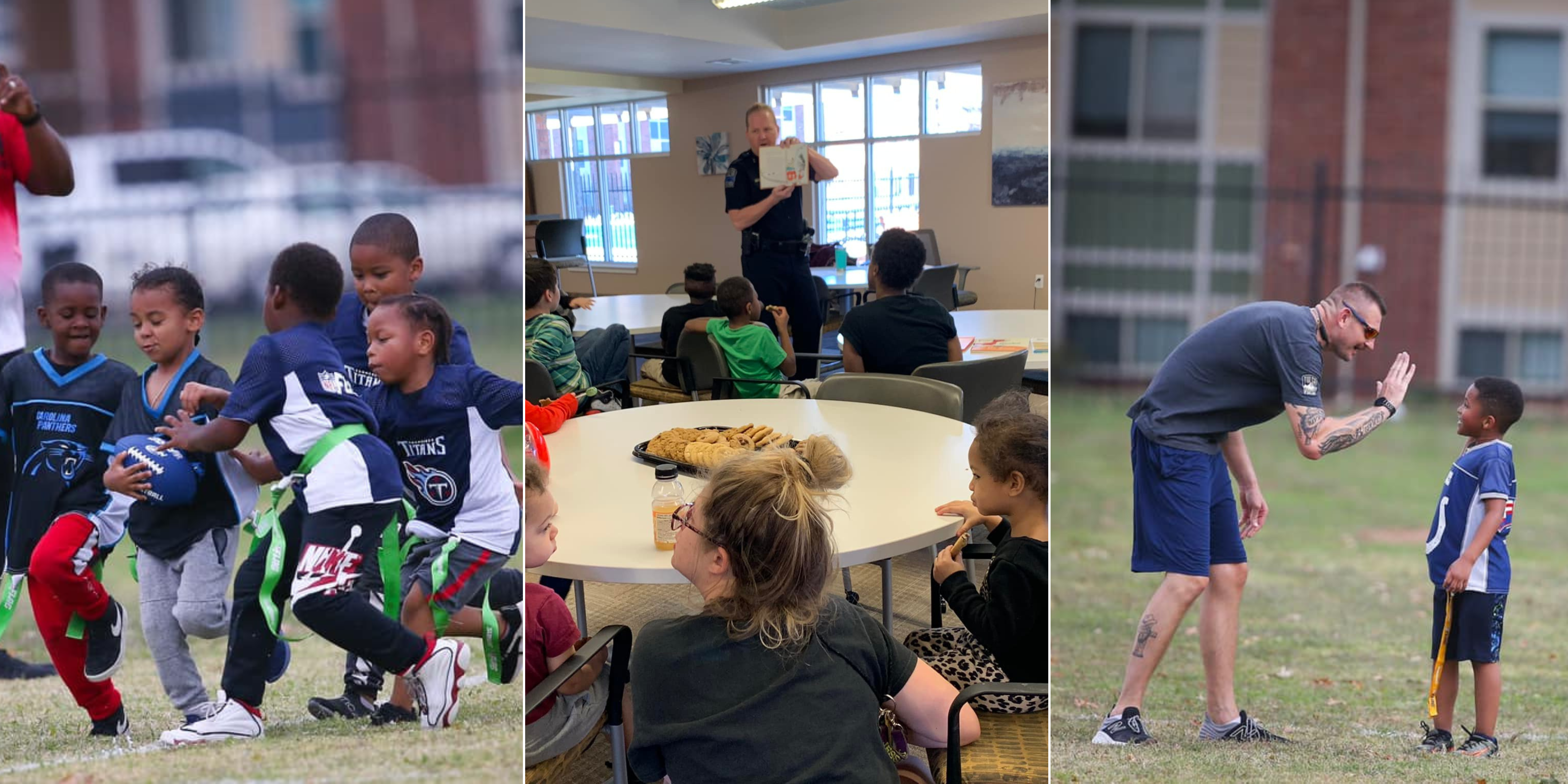 Photo collage of Crime Stoppers and Tulsa Police Department community youth events in Riverwood. Pictured are children playing tag football, a police officer reading a story to children in the area, and a police officer high-fiving a young boy at the tag football game.