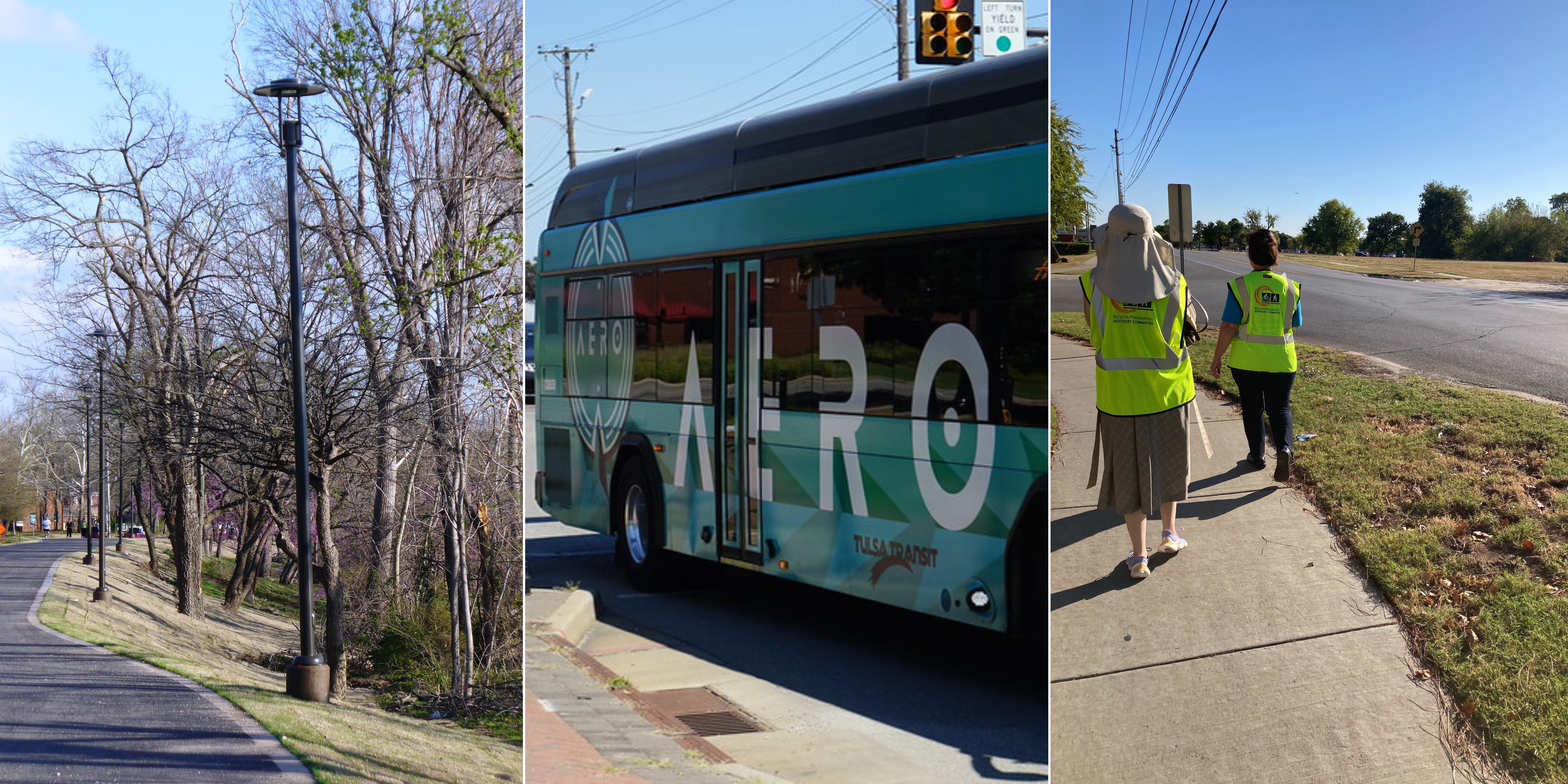 Photo collage depicting the Arkansas River trail, the AERO BRT Bus pulling through an intersection on Peoria Ave, and participants in a walk audit in Riverwood.