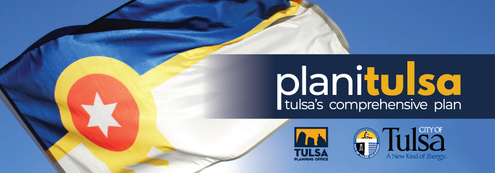 Photo of a Tulsa Flag and the logos of planitulsa, the City of Tulsa and Tulsa Planning Office